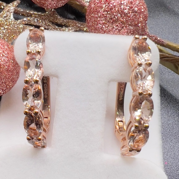 925 ROSE GOLD CHAMPAGNE RHINESTONES HOOP EARRINGS - Picture 7 of 7